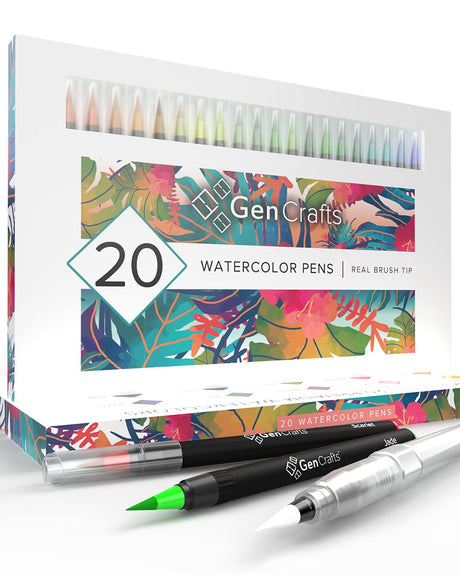 GenCrafts Watercolor Brush Pens Set of 20 Premium Colors - Real Brush Tips - No Mess Storage Case - Washable Nontoxic Markers - Portable Painting GenCrafts