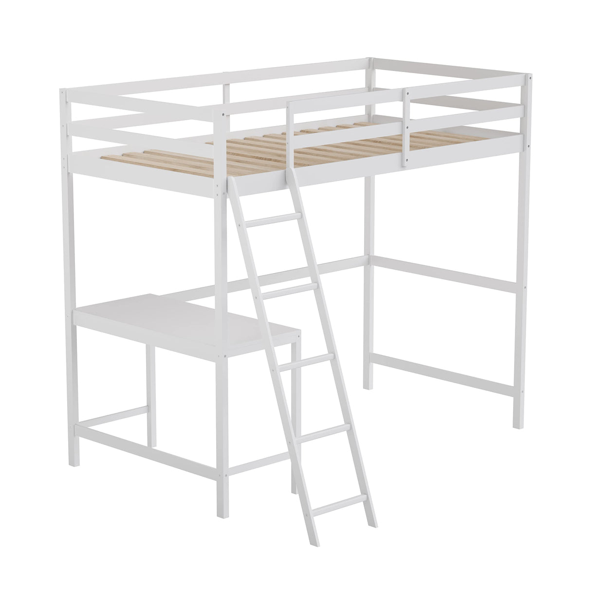 BizChair Twin Size Loft Bed Frame with Built-In Desk & Guard Rails - White BizChair