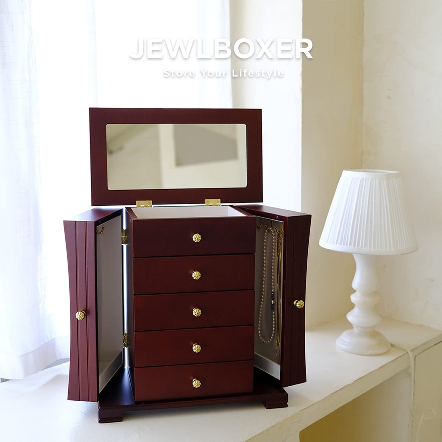 JEWLBOXER Jewelry Organizer –Tower Style Wooden Jewelry Box with 4 Drawers and Large Mirror, Ring, Necklace, and Earring Organizer,brown,walnut