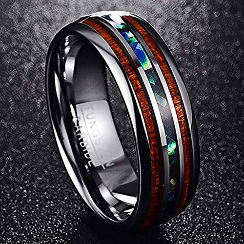 Vakki Abalone Shell Tungsten Rings for Men Women 8mm Hawaiian Wood Wedding Bands Size 14 Vakki