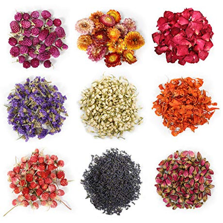 9 Bags Dried Flowers,100% Natural Dried Flowers Herbs Kit for Soap Making, DIY Candle Making,Bath - Include Rose Petals,Lavender,Don't Forget SACATR