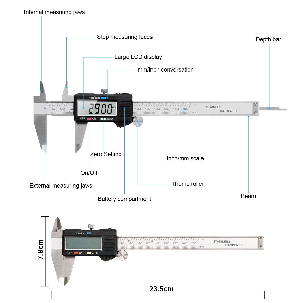Caliper Measuring Tool, Qfun Vernier Digital Caliper Stainless Steel 6 Inch/150mm, Digital Micrometer Waterproof, Easy Switch from Inch to Qfun