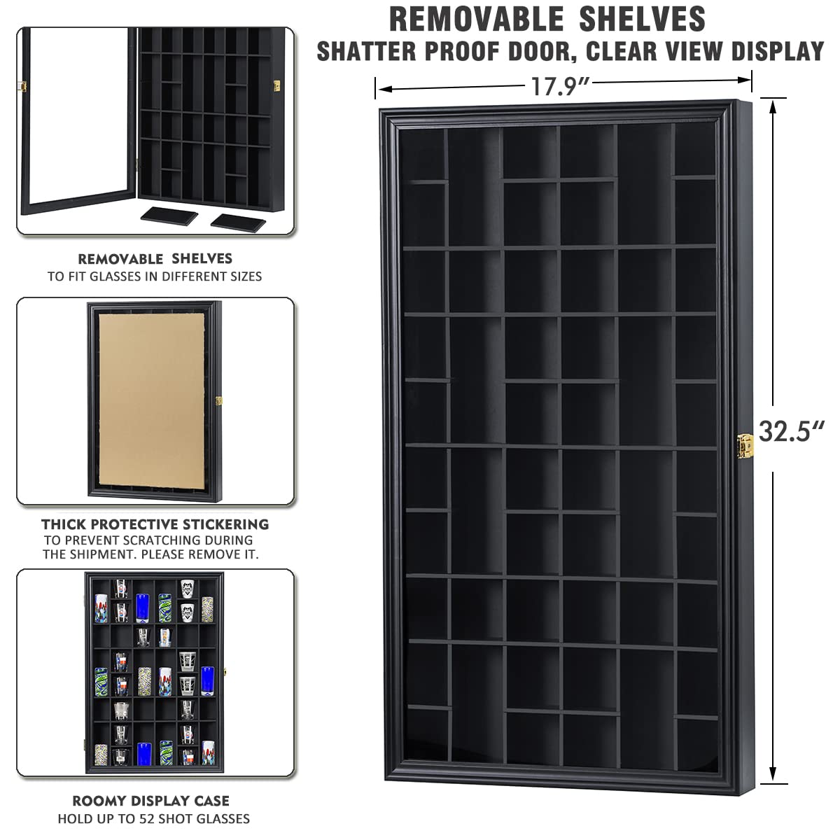 Shot Glass Display Case Large Wooden Cabinet Rack Holder Wall Mounted Black Shadow Box Lockable with UV Protection Acrylic Glass Door Shot Glass - WoodArtSupply