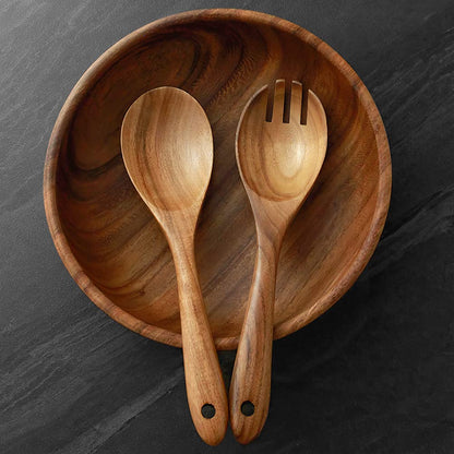 AOOSY Wooden Salad Bowls, Large Acacia Wood Salad Serving Bowl with Serving Tongs, 9.3" D x 2.8" H Round Bowls Set for Mixing Fruits Cereal Pasta - WoodArtSupply