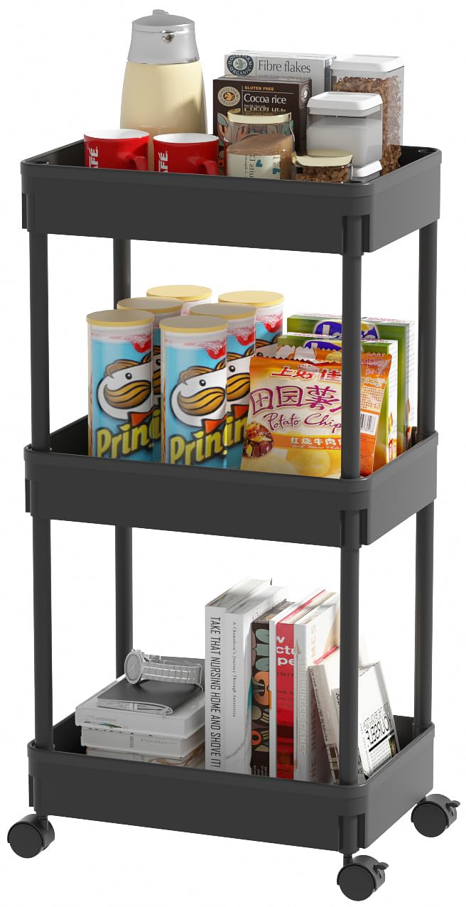 Sooyee 3-Tier Plastic Rolling Utility Cart with Wheels, Multi-Functional Storage Trolley for Office, Living Room, Kitchen, Movable Storage Organizer with Wheels, Black