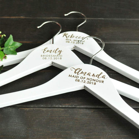 Clibeslty Personalized Bride Hanger,Engraved Bridesmaid Hanger,Name Engraved Wood Hanger Bridal Party Wedding Gifts(White) Clibeslty