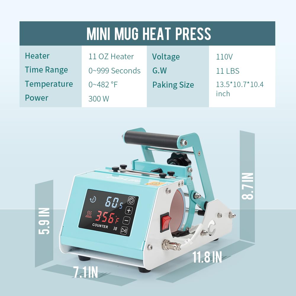 PYD Life 110 V Mini Mug Heat Press Machine Mint Green Tumbler Heat Press Machine Touch Screen for 11 OZ-15 OZ Sublimation Mugs 18 OZ Sublimation - WoodArtSupply