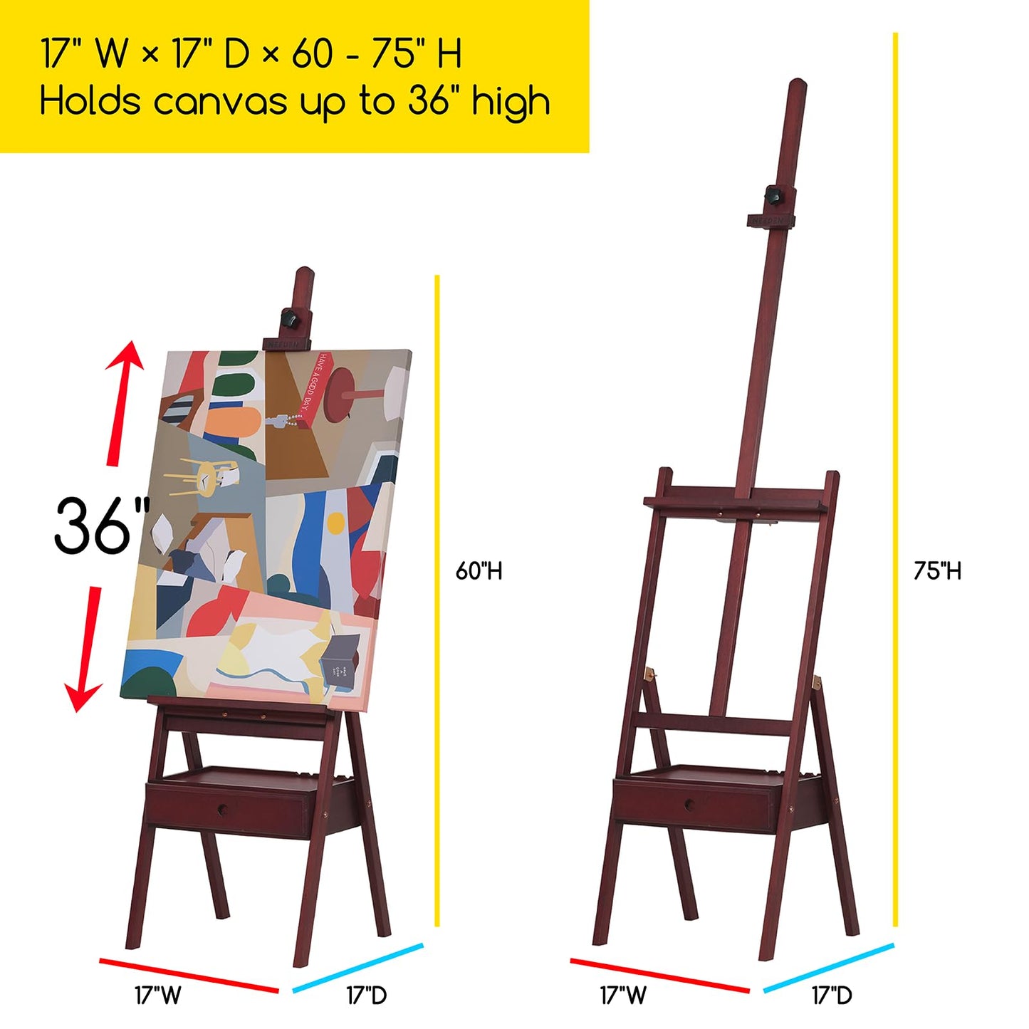 MEEDEN Studio H-Frame Easel with Art Supply Storage Drawer - Adjustable (60"~75") Wood Easel Stand for Artists, Adults and Students, Holds Canvas Art