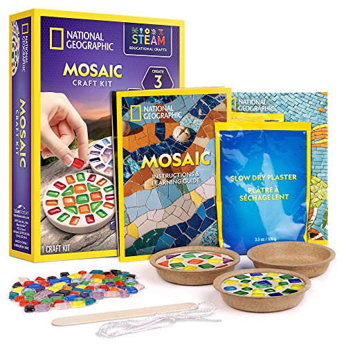 NATIONAL GEOGRAPHIC Mosaic Arts and Crafts Kit for Kids - Mosaic Kit for Creating 3 Mosaic Art Projects, Includes Glass Tiles, Templates, Plaster & - WoodArtSupply