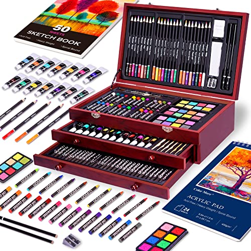 175 Piece Deluxe Art Set with 2 Drawing Pads, Acrylic Paints, Crayons, Colored Pencils Set in Wooden Case, Professional Art Kit, for Adults, Teens Color More