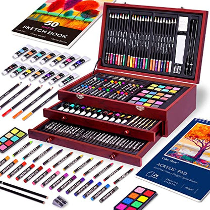 175 Piece Deluxe Art Set with 2 Drawing Pads, Acrylic Paints, Crayons, Colored Pencils Set in Wooden Case, Professional Art Kit, for Adults, Teens