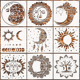 9 Pieces Mandala Sun and Moon Stencil Flower Star Stencils Reusable Painting Templates with Metal Open Ring for DIY Scrapbooks on Wood Wall Home Zubebe