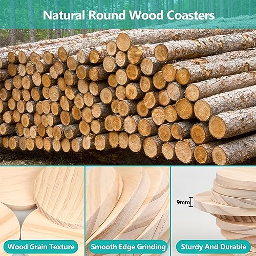 32Pcs Unfinished Wood Coasters, 4" Round Wooden Coasters with Non-Slip Dot Sticker for Drinks, 9mm Thick Blank Wood Coasters Bulk for DIY Crafts Adrattnay