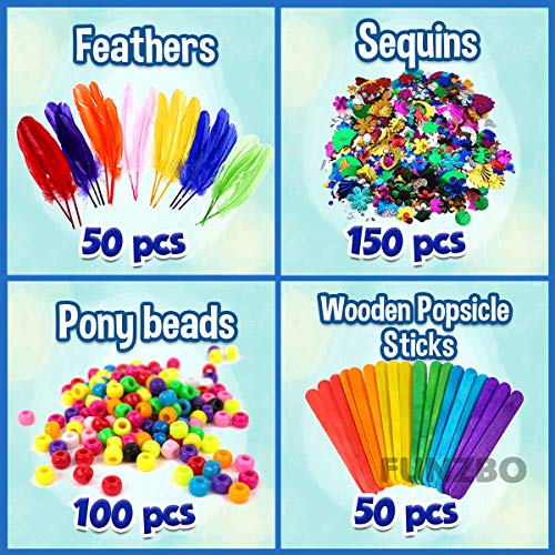 FUNZBO Arts and Crafts Supplies for Kids - 1200+ pcs Craft Supplies, Christmas Gifts for Kids, Craft Kits with Pipe Cleaners, Pom Poms for Crafts & - WoodArtSupply