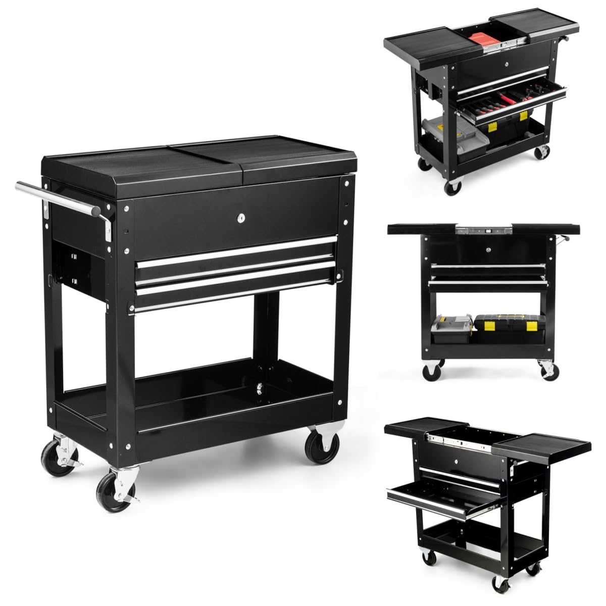 ERGOMASTER Utility Service Cart Tool on Wheels Heavy Duty Metal 4 Tiers Shelves with Drawers Tool Storage Organizer for Warehouse,Garage and Workshop ERGOMASTER