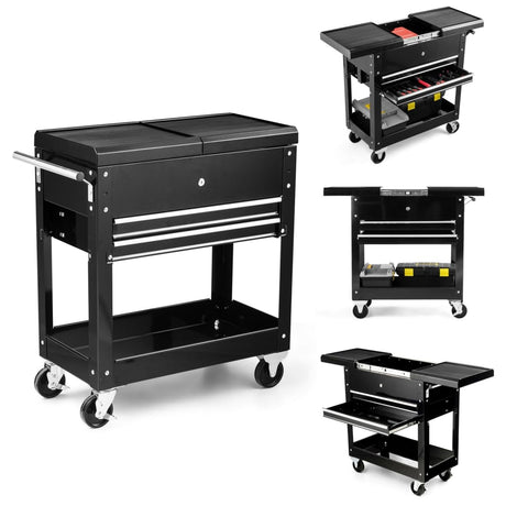 ERGOMASTER Utility Service Cart Tool on Wheels Heavy Duty Metal 4 Tiers Shelves with Drawers Tool Storage Organizer for Warehouse,Garage and Workshop ERGOMASTER