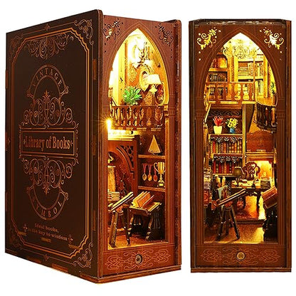 ISSEVE DIY Book Nook Kit, 3D Wooden Puzzle DIY Miniature House Kit for Book Nook Shelf Insert Decoration, Magic Book House Stand Bookshelf Dollhouse