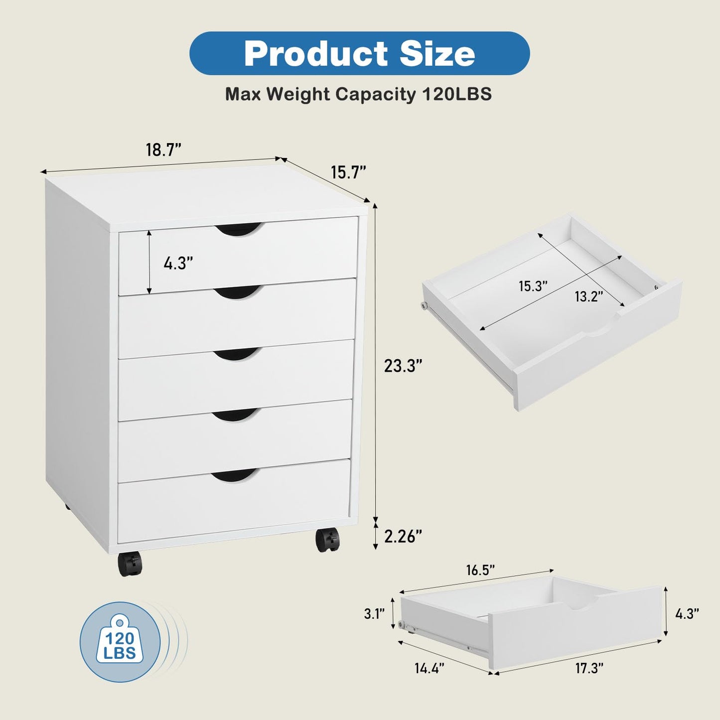 OLIXIS 5 Drawer Chest Wood File Cabinet Rolling Storage Dresser with Wheels for Home Office, White - WoodArtSupply