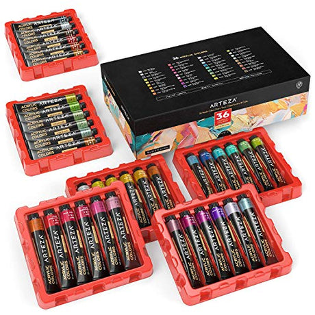 ARTEZA Metallic Acrylic Paint, Set of 36 Colors, 0.74 oz/22 ml Tubes with Storage Box, Rich Pigments, Non Fading, Non Toxic Paints for Artist & Hobby ARTEZA
