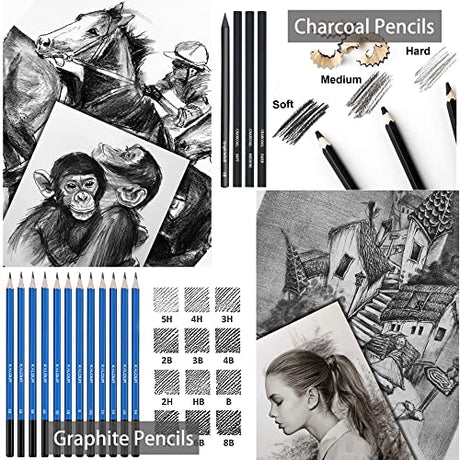 KALOUR 144 Pack Drawing Sketching Coloring Set,Include 120 Professional Soft Core Colored Pencils,Sketch & Charcoal Pencils,Sketchbook,Art Drawing KALOUR