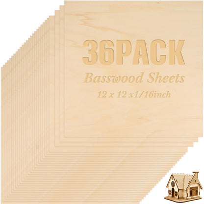 36 Pack Basswood Sheets Plywood Board 1/8 Inch Unfinished Wood Boards for Crafts for DIY Laser Projects Architectural Model Making Mini House