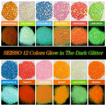 Glow in The Dark Glitter, SEISSO 12 Bottles Luminous Glitter with UV Flashlight Set, 10g/Bottle Chunky Glitter Powder for Resin Arts Crafts, Body - WoodArtSupply