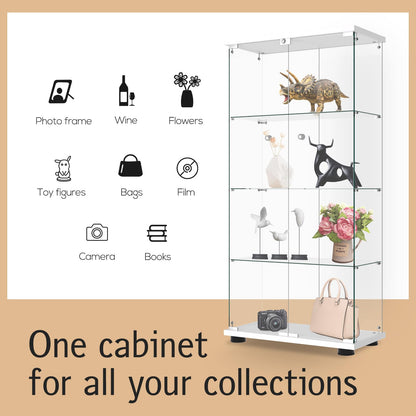 Display Cabinet with Glass Door and Lock, 4-Shelf Fast Installation in 30 Mins Curio Cabinets with 5mm Tempered Glass Floor Standing Bookshelf for