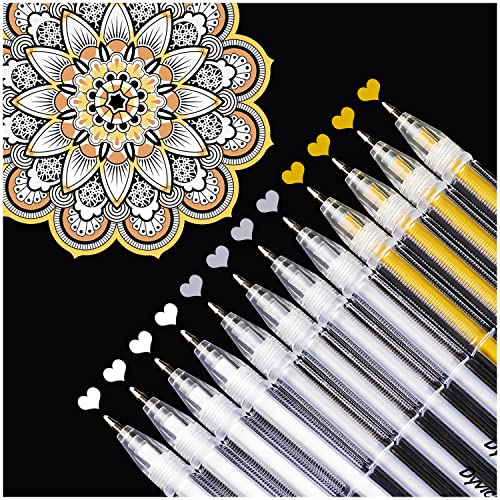 Dyvicl White Gold Silver Gel Pens, 0.8 mm Fine Point Pens Gel Ink Pens for Black Paper Drawing, Sketching, Illustration, Adult Coloring, Journaling, Dyvicl