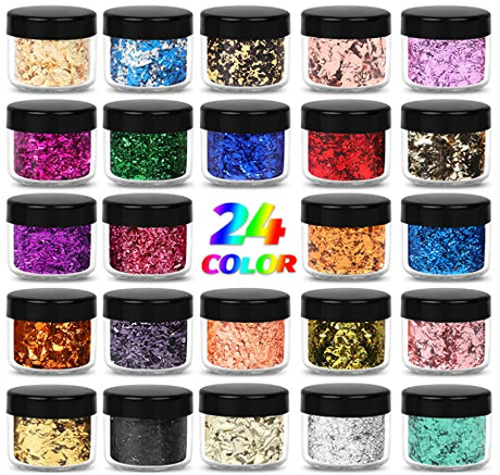 Mingjieus Gold Foil Flakes, 24 Color, Metallic Foil Flakes, Gilding Flakes, Gold Leaf Flakes, Gold Flakes for Resin, Nails, Painting, Crafts Mingjieus