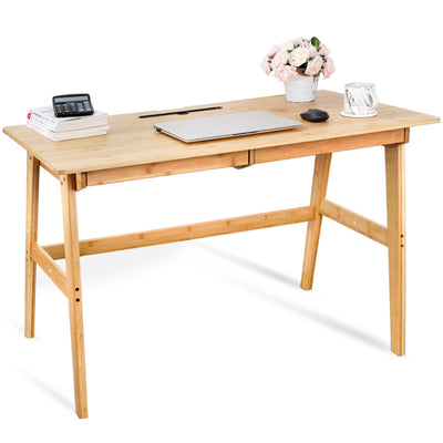 Dicunoy Computer Desk with 2 Drawers, 46" Solid Bamboo Home Office Writing Desk for Small Space, Compact Simple Tables with Gap Design and Hook for