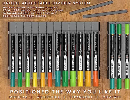 TOOLI-ART 72 Art Marker Storage Tray Desk Organizer Holder, Adjustable Dividers, Modular, Expandable, Stackable, Fit Most Pen, Pencil, Brushes. - WoodArtSupply