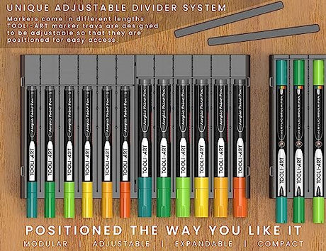 TOOLI-ART 72 Art Marker Storage Tray Desk Organizer Holder, Adjustable Dividers, Modular, Expandable, Stackable, Fit Most Pen, Pencil, Brushes. TOOLI-ART
