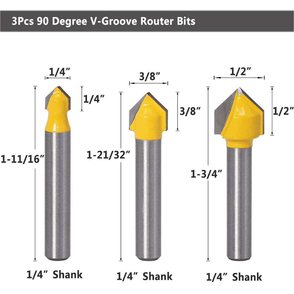 Yakamoz 6Pcs 1/4" Shank Carbide 90 Degree V-Groove and Round Nose Groove Router Bit Set 3D CNC Signmaking Lettering Engraving Cutter Woodworking - WoodArtSupply