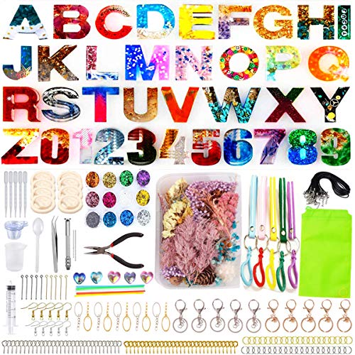 Alphabet Resin Silicone Casting Molds Kits DIY Molds Set with Letter Number Resin Molds, Tools, Metal Accessories and Dried Pressed Flowers for DIY