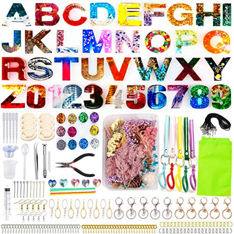 Alphabet Resin Silicone Casting Molds Kits DIY Molds Set with Letter Number Resin Molds, Tools, Metal Accessories and Dried Pressed Flowers for DIY ZYNA