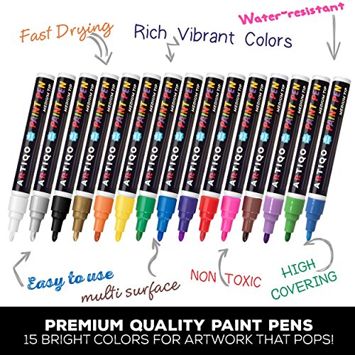Paint pens for Rock Painting - Wood, Glass, Metal and Ceramic Works on Almost All Surfaces Set of 15 Vibrant Medium tip Oil Paint Marker Pens, Quick ARTIQO