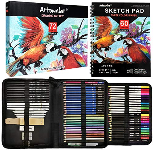 Artownlar 72 Pack Drawing Sketching Set with 8x11" Sketchbook | Pro Art Supplies Kit for Artist Adults Teens Beginner | Graphite Charcoal, Watercolor - WoodArtSupply