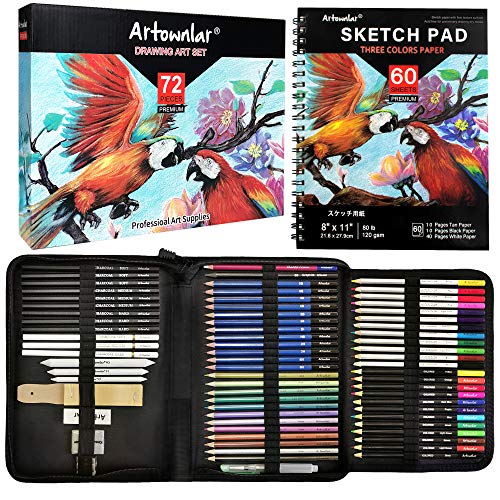 Artownlar 72 Pack Drawing Sketching Set with 8x11" Sketchbook | Pro Art Supplies Kit for Artist Adults Teens Beginner | Graphite Charcoal, Watercolor