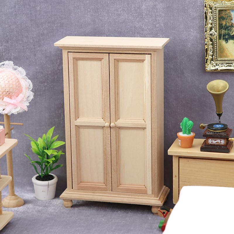 AirAds Dollhouse 1:12 Scale Dollhouse Furniture Wardrobe Closet 3-Shelf 2-Door Armoire Unfinished Wood