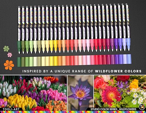 28 Wildflower Colors Acrylic Paint Pens Studio Color Series Markers Set 0.7mm Extra Fine Tip, Rock Painting, Glass, Mugs, Wood, Metal, Canvas, DIY, TOOLI-ART