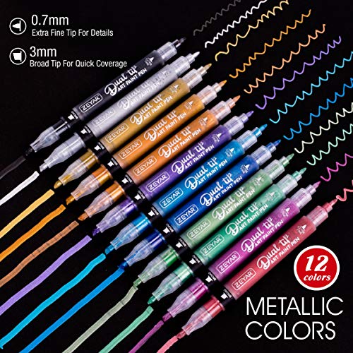ZEYAR Dual Tip Acrylic Paint Pens 12 Metallic Colors, Board and Extra Fine Tips, Patented product, Water Based Acrylic & Waterproof Ink (12 Metallic