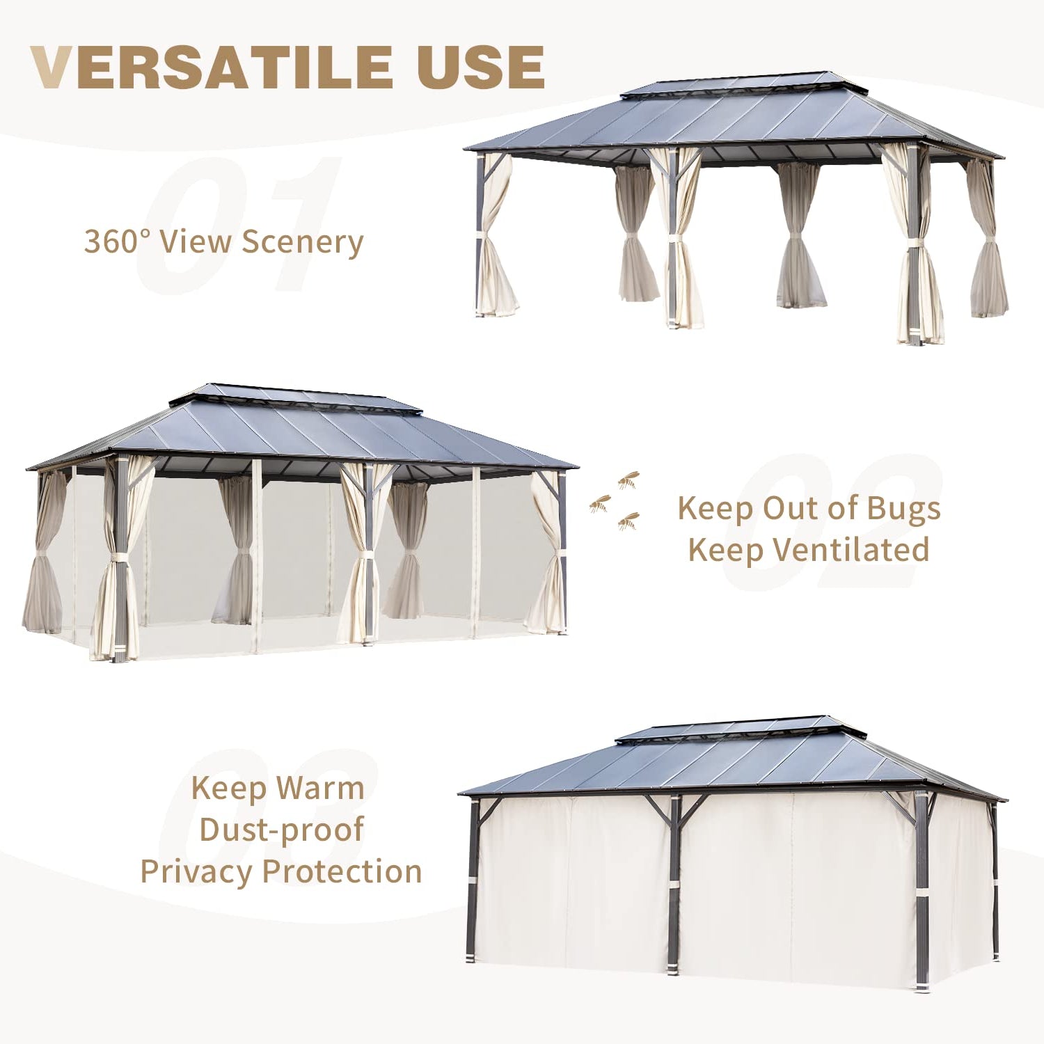 MELLCOM 12x20FT Hardtop Gazebo, Permanent Outdoor Aluminum Patio Gazebo with Aluminum Composite Double Roof for Patio Lawn and Garden, Curtains and MELLCOM