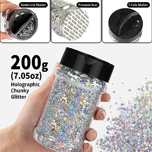 HTVRONT Chunky Glitter for Resin - 200g/7oz Silver Glitter, Designed Shaker Cap Holographic Glitter, Craft Glitter Powder Mixed Chunky Fine Flakes HTVRONT