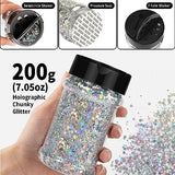 HTVRONT Chunky Glitter for Resin - 200g/7oz Silver Glitter, Designed Shaker Cap Holographic Glitter, Craft Glitter Powder Mixed Chunky Fine Flakes HTVRONT