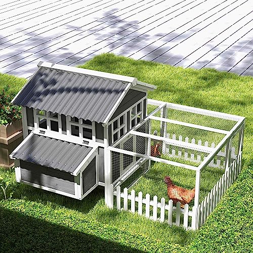 PawHut Wooden Chicken Coop with Run for 3-4 Chickens, Hen House with Nesting Box, Removable Tray, Fence, Outdoor Poultry Cage, 68" x 59" x 42", Gray PawHut