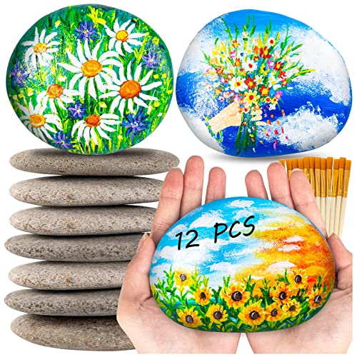 12 Pcs Extra Large Rocks for Painting, 4-5 Inch River Rocks Painting Stones Smooth Flat Rocks with 12PCS Paint Brushes for Painting, Natural Rocks to WhistenFla