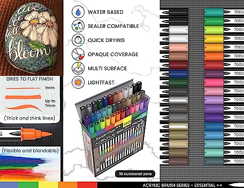36 Flexible Brush Tip Acrylic Paint Pens Markers Set 1-7mm Line for Rock Painting, Brush Lettering, Scrapbooking, Glass, Mugs, Wood, Metal, Canvas, TOOLI-ART