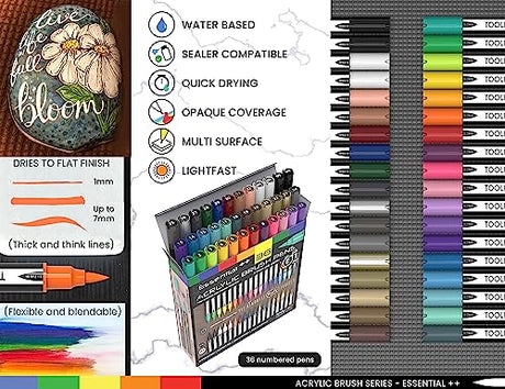 36 Flexible Brush Tip Acrylic Paint Pens Markers Set 1-7mm Line for Rock Painting, Brush Lettering, Scrapbooking, Glass, Mugs, Wood, Metal, Canvas, TOOLI-ART
