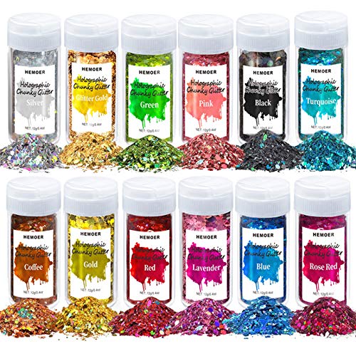 HEMOER Holographic Chunky Glitter, 12 Colors Sparkle Sequins, Cosmetic Craft Set for Epoxy Resin, Body, Face, Nail, Slime, Wedding Festival Party - WoodArtSupply