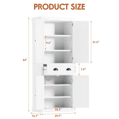 JUMMICO 72" Kitchen Pantry Storage Cabinet, Freestanding Pantry Cupboard with 4 Doors and 4 Adjustable Shelves for Kitchen, Dining Room, Living Room, - WoodArtSupply